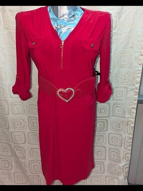 Emma & Michele Crimson V‑Neck Midi Dress with Heart Buckle Belt Woman's Size LG